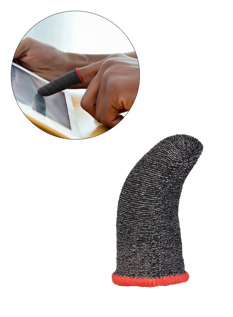 Close-up of a FingerFlex gaming sleeve with red trim, alongside an inset showing a person using the sleeve on a tablet screen