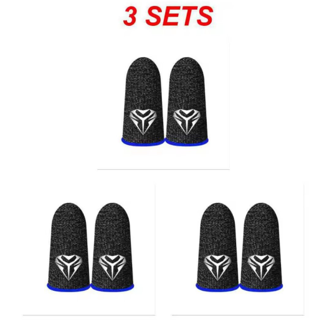 Three sets of FingerFlex gaming finger sleeves featuring blue trim and a white logo on a white background