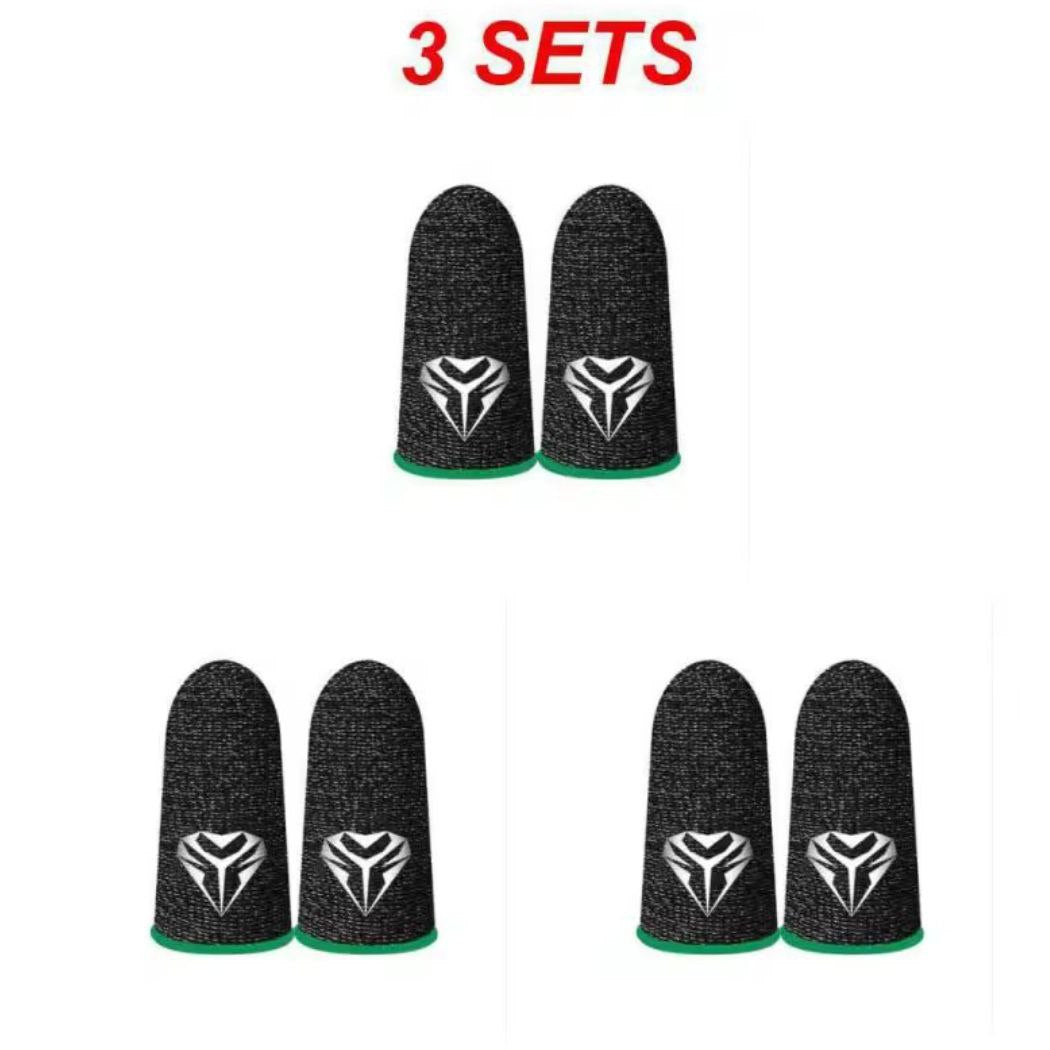 Three sets of FingerFlex gaming finger sleeves featuring green trim and a white logo on a white background