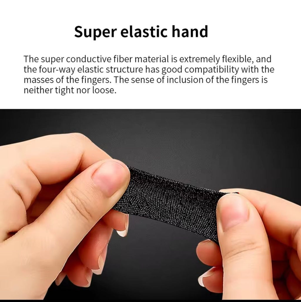 Hands stretching the FingerFlex gaming sleeve material to demonstrate its super elastic and flexible four-way structure