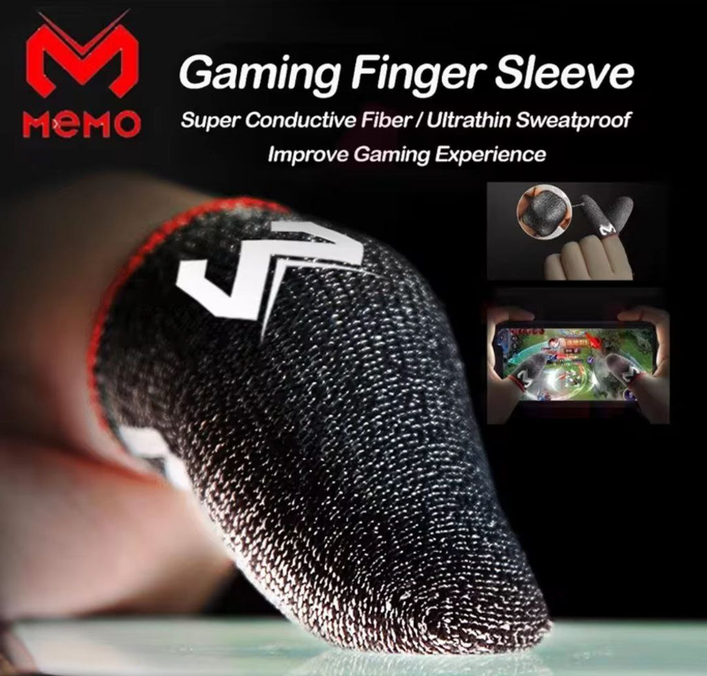 Macro view of an ultrathin sweatproof FingerFlex gaming sleeve on a thumb touching a screen, highlighting the super conductive fiber