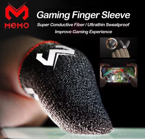 Macro view of an ultrathin sweatproof FingerFlex gaming sleeve on a thumb touching a screen, highlighting the super conductive fiber