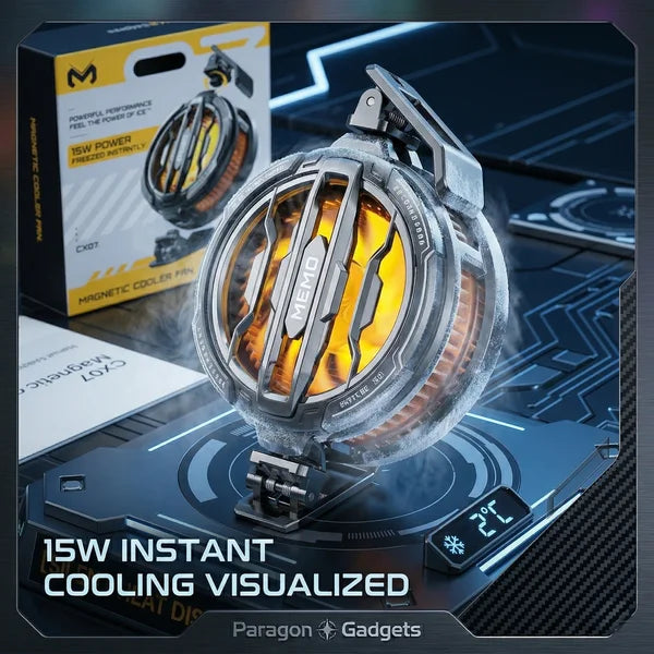 Premium close up of a heavily frosted MEMO CX07 cooling fan sitting on a test platform displaying an active two degrees Celsius temperature reading