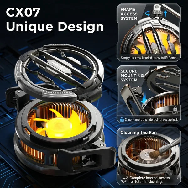 Exploded view infographic of the MEMO CX07 unique design demonstrating the frame access system secure mounting system and instructions for cleaning the fan fins with a brush