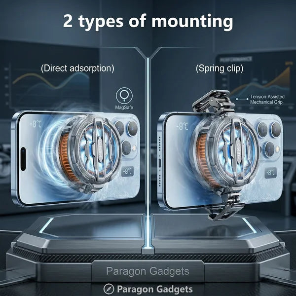 Text: Side by side mounting comparison showing the MEMO CX07 utilizing direct magnetic adsorption on one smartphone and the tension assisted spring clip mechanical grip on another