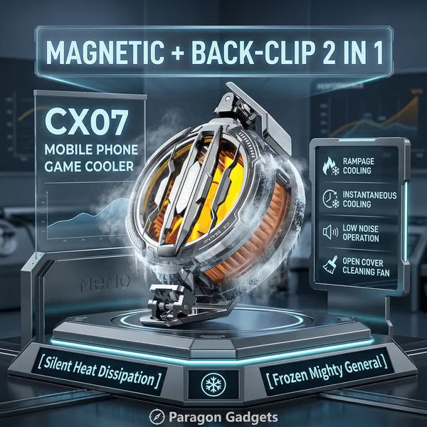Premium studio display of the frozen MEMO CX07 mobile phone game cooler showing its magnetic and back clip two in one feature list on a glowing platform