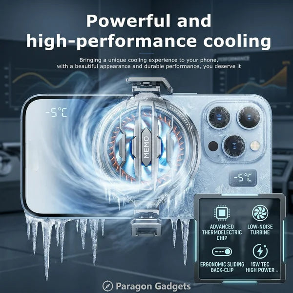 Close up of the MEMO CX07 cooler mounted on a frosty smartphone displaying a minus five degrees Celsius temperature drop with key feature highlights