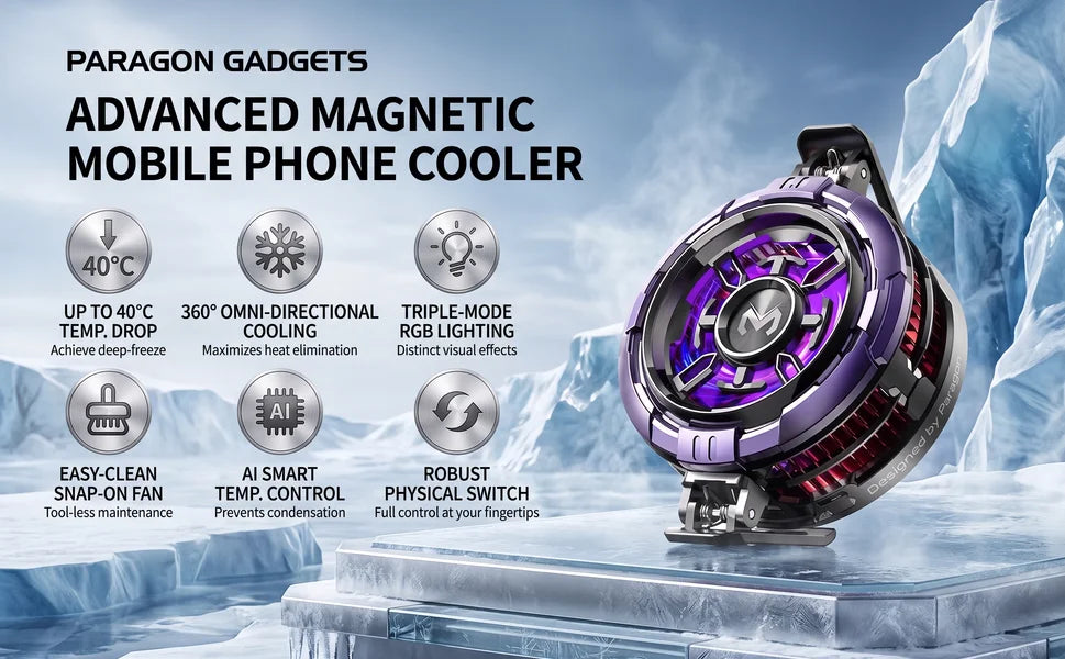 Advanced magnetic mobile phone cooler display featuring the purple MEMO CX08 Pro on an ice block surrounded by six feature icons including RGB lighting and AI smart temp control