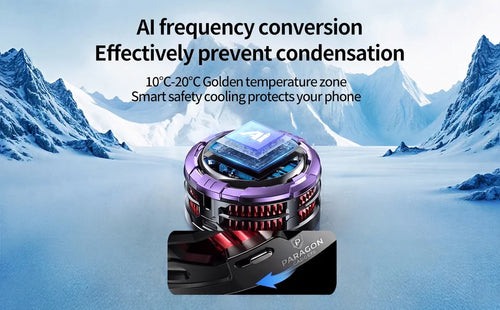 AI frequency conversion visual showing a glowing AI chip inside the MEMO CX08 Pro cooler with a close up inset of the physical toggle switch against a snowy mountain backdrop