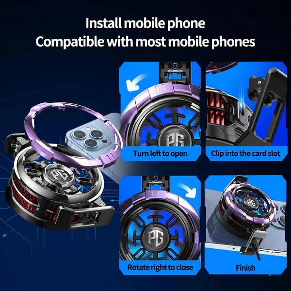 Four step installation guide for the MEMO CX08 Pro mobile phone cooler demonstrating how to attach and lock the clip mechanism onto a smartphone