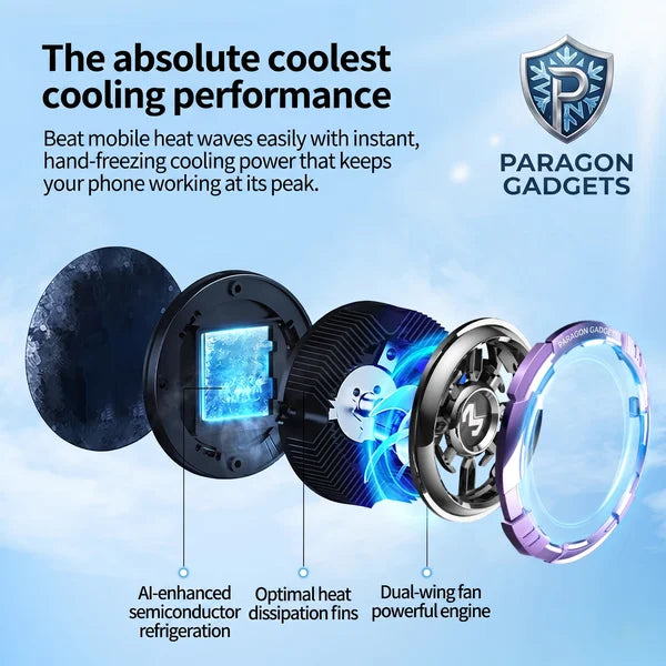 Exploded view diagram of the MEMO CX08 Pro cooling fan showing the AI enhanced semiconductor optimal heat dissipation fins and dual wing fan layers against a bright sky