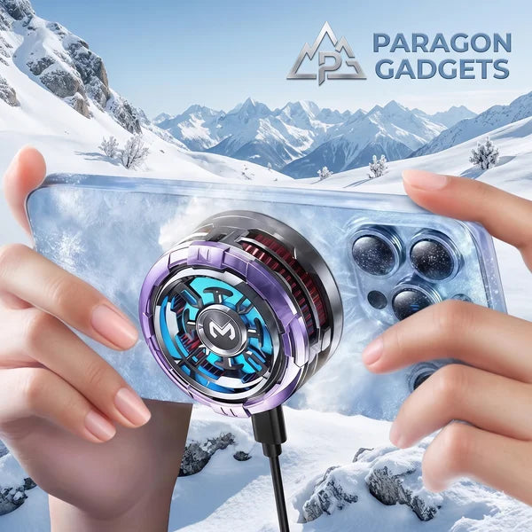 Hands holding a heavily frosted smartphone playing a game with the purple MEMO CX08 Pro cooler attached and plugged in against a snowy winter landscape