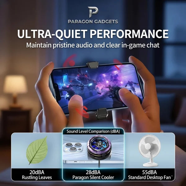 Ultra quiet performance graphic showing a gamer holding a phone with an inset sound level comparison chart placing the Paragon silent cooler at 28 decibels between rustling leaves and a standard desktop fan