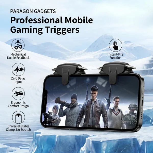 Paragon Gadgets promotional image showcasing two black QuantumAim triggers clamped onto a smartphone with feature icons highlighting mechanical tactile feedback zero delay input ergonomic comfort design instant fire function and a stable no scratch clamp