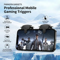 Paragon Gadgets promotional image showcasing two black QuantumAim triggers clamped onto a smartphone with feature icons highlighting mechanical tactile feedback zero delay input ergonomic comfort design instant fire function and a stable no scratch clamp