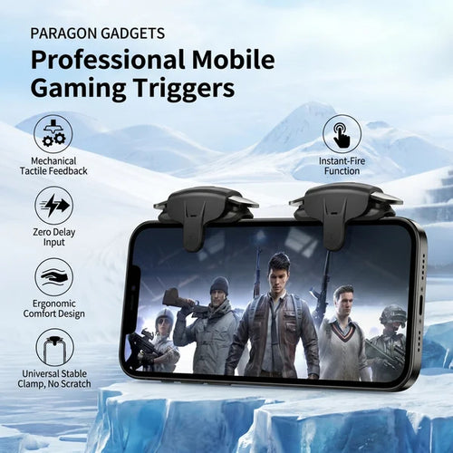 Paragon Gadgets promotional image showcasing two black QuantumAim triggers clamped onto a smartphone with feature icons highlighting mechanical tactile feedback zero delay input ergonomic comfort design instant fire function and a stable no scratch clamp