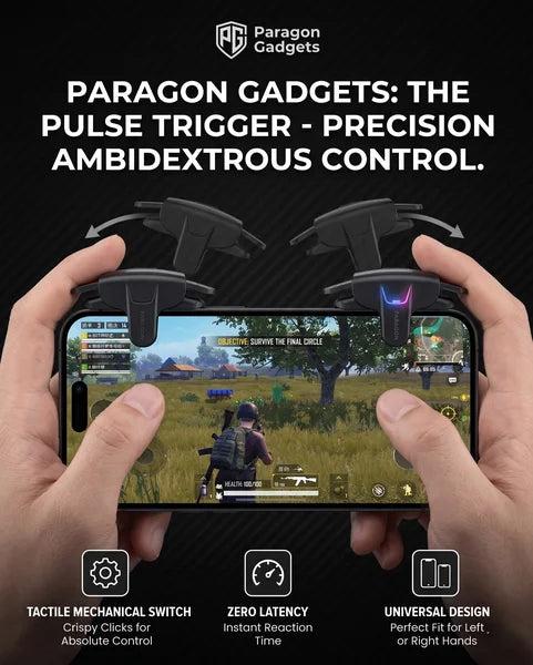 Hands holding a smartphone playing a mobile battle royale game with the QuantumAim pulse triggers attached showcasing precision ambidextrous control tactile mechanical switches zero latency and a perfect fit for left or right hands