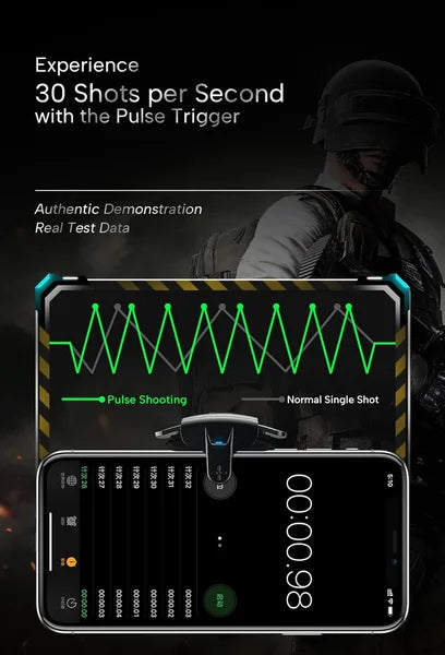 Infographic demonstrating real test data for the pulse trigger achieving thirty shots per second with a comparison graph mapping the high frequency green pulse shooting waves against a gray normal single shot line