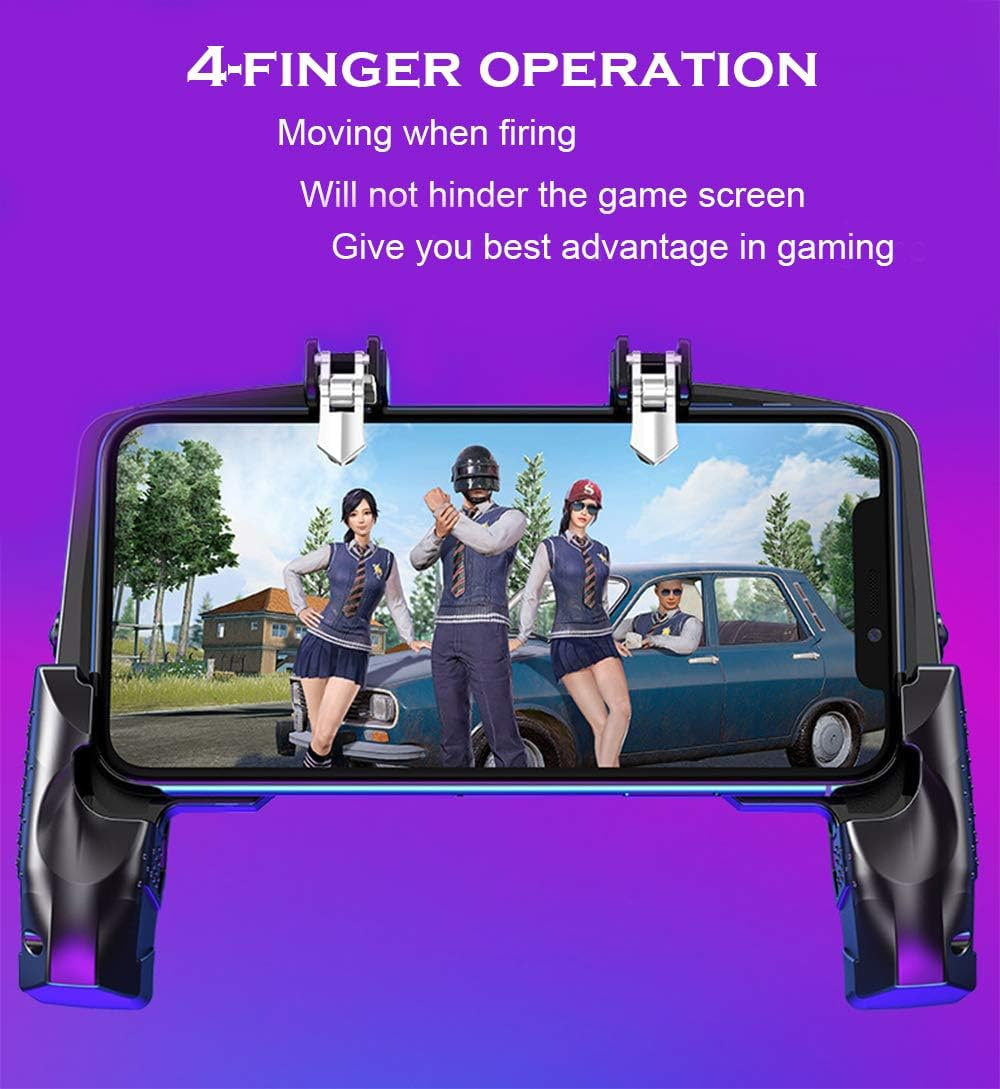 The RageClaw mobile handle attached to a smartphone running a battle royale game demonstrating four finger operation that allows moving while firing without hindering the screen view