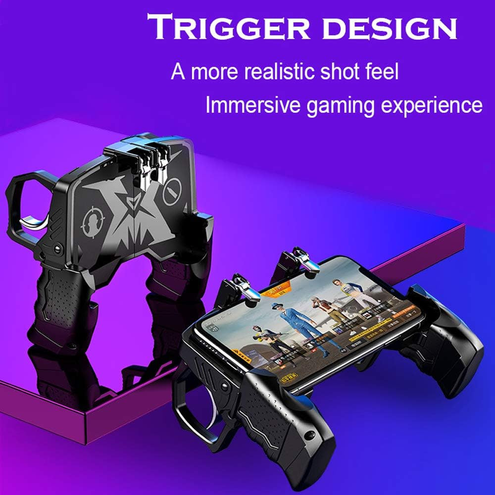 Front and back angle views of the RageClaw mobile gaming handle displaying the realistic trigger design for an immersive shooting experience