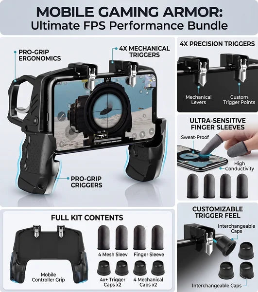 Infographic detailing the ultimate FPS performance bundle for the RageClaw mobile handle showcasing four mechanical triggers ultra sensitive sweat proof finger sleeves and interchangeable trigger caps