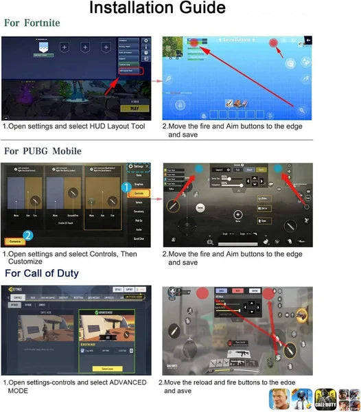 Step by step installation guide for the RageClaw mobile handle showing how to configure the HUD layout tool and control settings for Fortnite PUBG Mobile and Call of Duty by moving the fire and aim buttons to the top edge