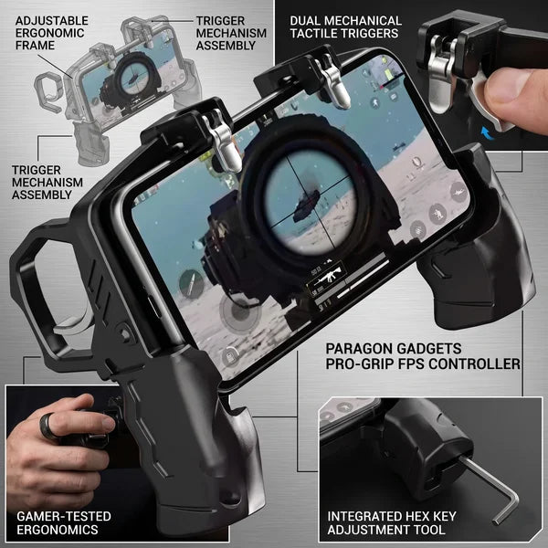 Close up breakdown of the Paragon Gadgets pro grip FPS controller highlighting the dual mechanical tactile triggers adjustable ergonomic frame and integrated hex key adjustment tool