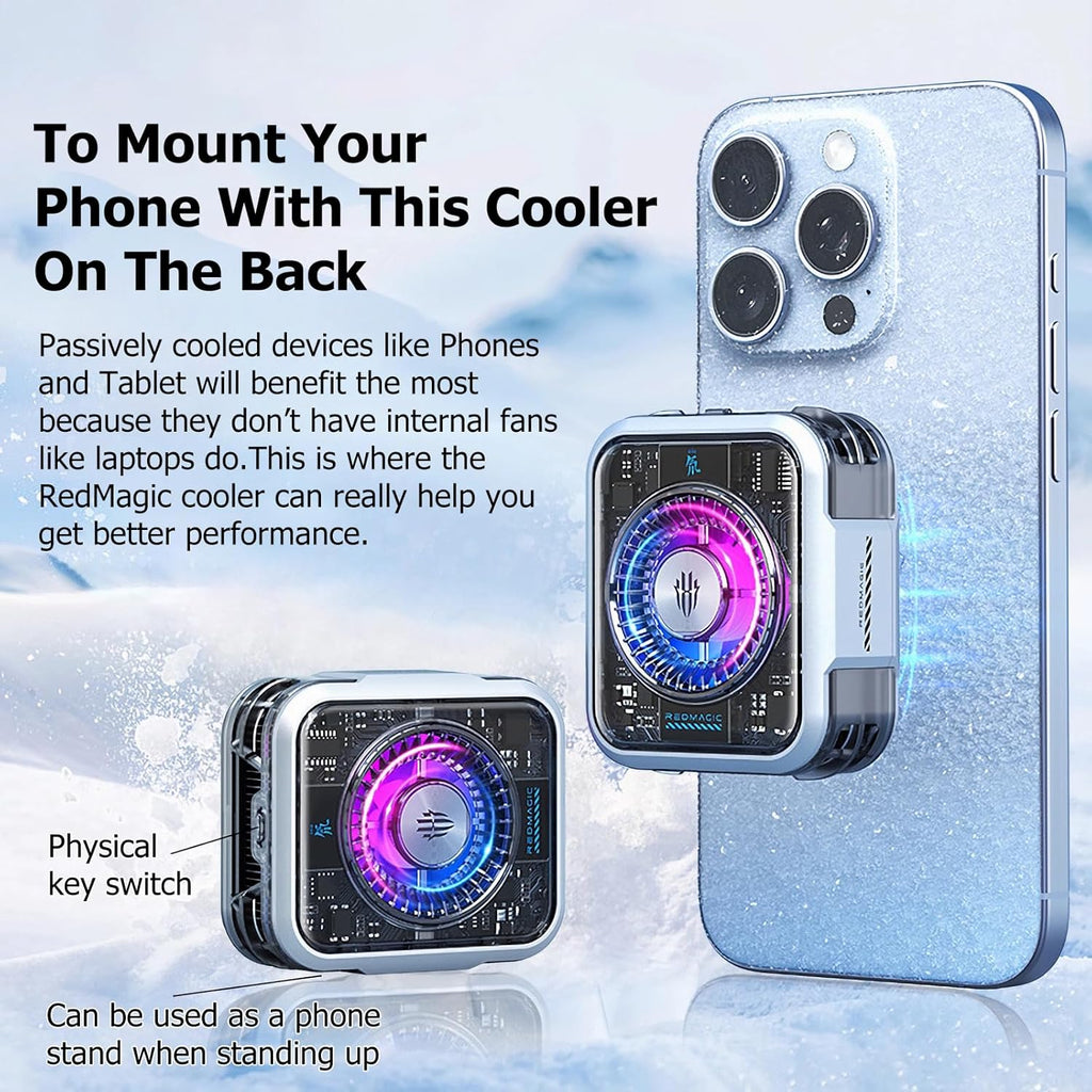 The Red Magic Cooler 5 Pro mounted on the back of a heavily frosted smartphone to reduce temperatures with an inset showing the physical key switch and its dual use as a phone stand