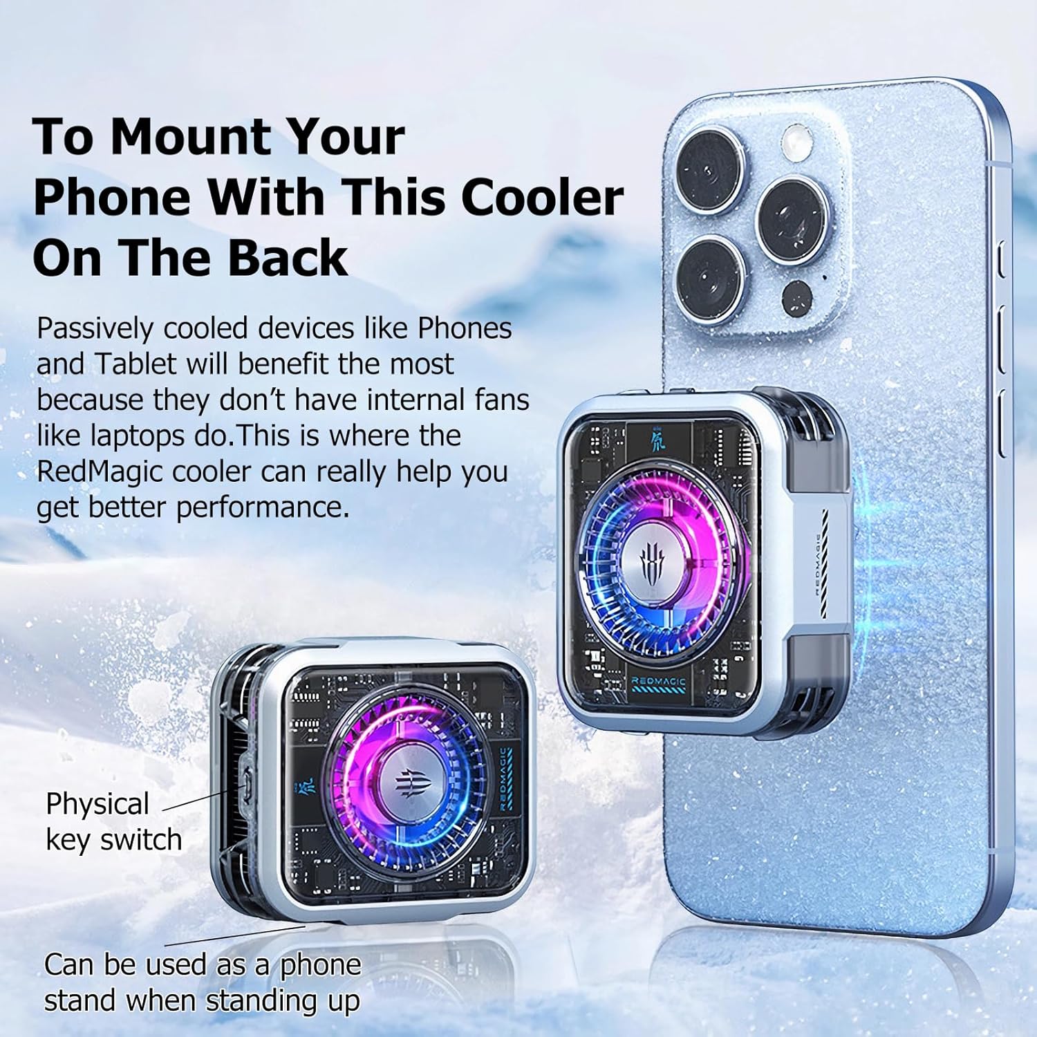 The Red Magic Cooler 5 Pro mounted on the back of a heavily frosted smartphone to reduce temperatures with an inset showing the physical key switch and its dual use as a phone stand
