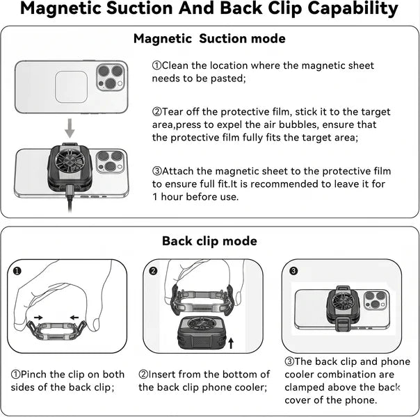 Step by step instruction manual for the Red Magic Cooler 5 Pro demonstrating both the magnetic suction mode application and the physical back clip mode installation on a smartphone