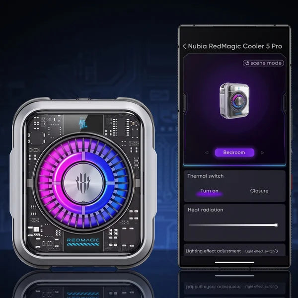 Front view of the transparent Red Magic Cooler 5 Pro next to a smartphone displaying the Nubia app interface for thermal switch controls and lighting effect adjustments