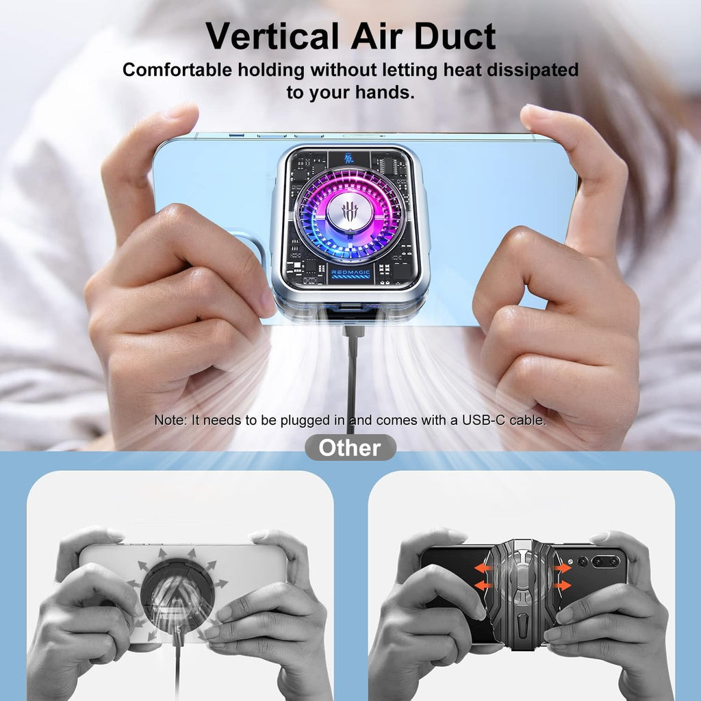 Gamer holding a smartphone with the Red Magic Cooler attached demonstrating the vertical air duct design that prevents heat from blowing onto the hands during mobile gameplay