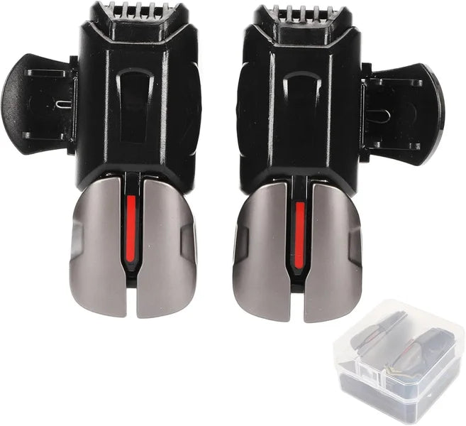 Top down view of two detached black and metallic grey mobile gaming triggers featuring red center stripes positioned next to a small clear carrying case