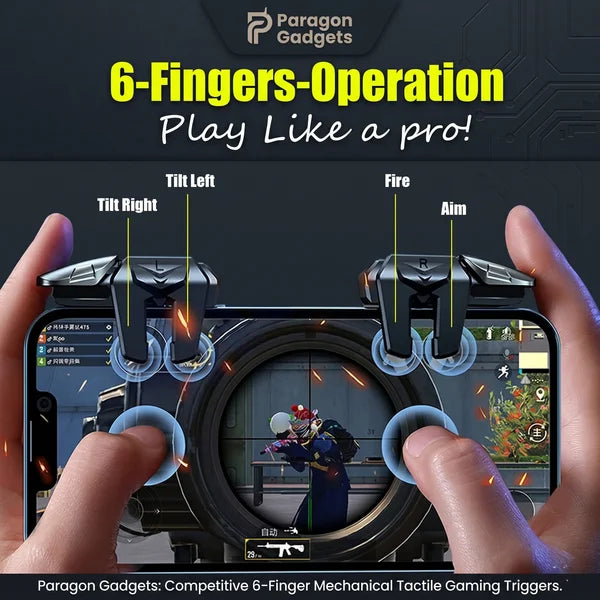 Close up of hands playing a mobile shooter game using the six finger mechanical tactile gaming triggers with labels for tilt left tilt right fire and aim