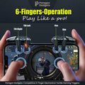 Close up of hands playing a mobile shooter game using the six finger mechanical tactile gaming triggers with labels for tilt left tilt right fire and aim