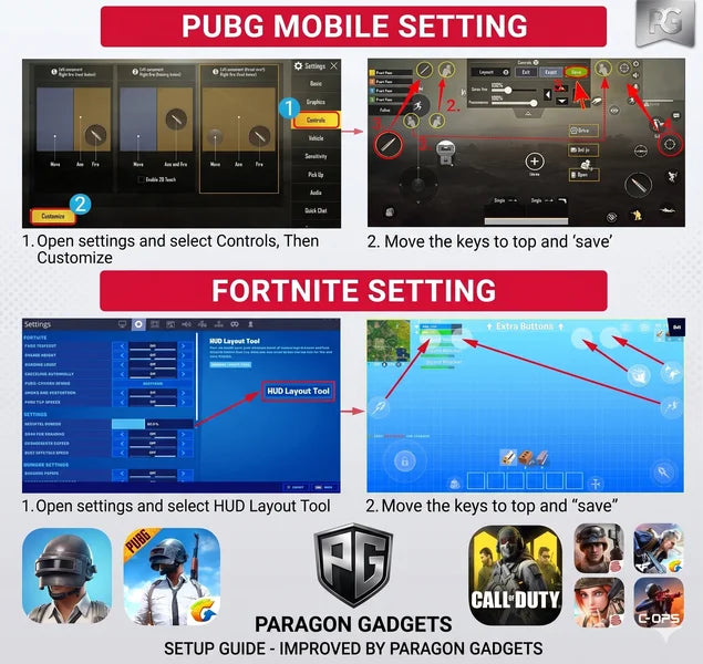 Step by step setup guide improved by Paragon Gadgets showing how to configure HUD layout tools for PUBG Mobile and Fortnite using the six finger triggers