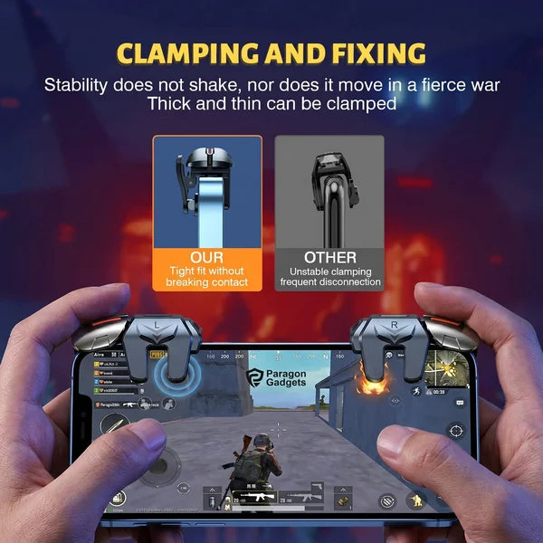 Graphic demonstrating the secure clamping and fixing stability of the triggers showing a tight fit on thick and thin phones without shaking or frequent disconnection