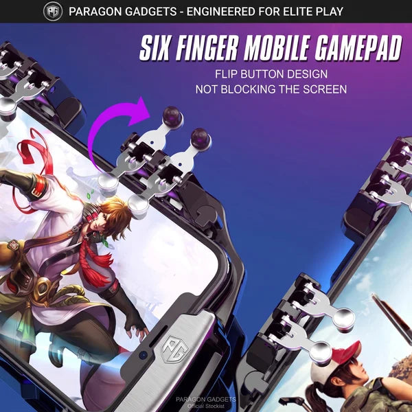 The six finger mobile gamepad engineered for elite play featuring a flip button design that rotates the top triggers upward to prevent blocking the screen during menu navigation and setup