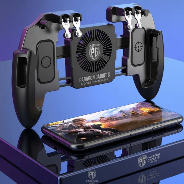 Front view of the black Paragon Gadgets six fingers claw mobile handle featuring a central cooling fan and four mechanical top triggers positioned above a smartphone displaying a battle royale game