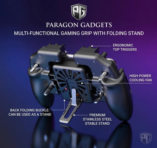 Back view of the multi functional gaming grip detailing the ergonomic top triggers high power cooling fan and the premium stainless steel back folding buckle that doubles as a stable phone stand