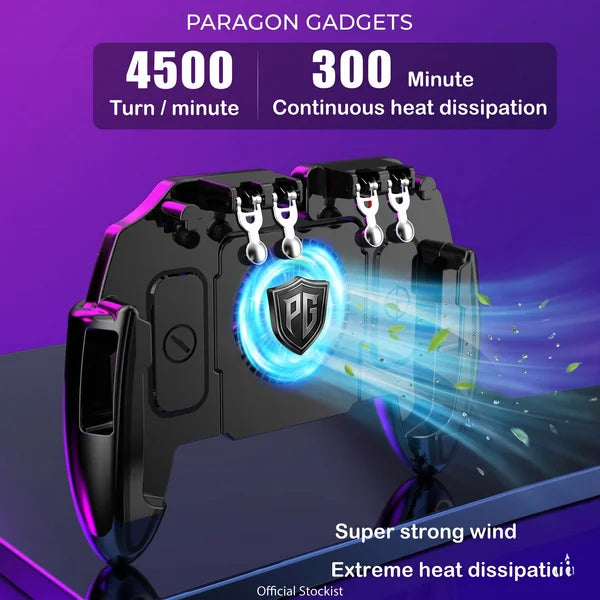 Close up graphic demonstrating the extreme heat dissipation of the mobile handle cooling fan producing super strong wind at forty five hundred turns per minute for three hundred minutes of continuous use