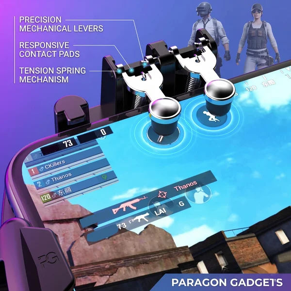 Detailed view of the mechanical trigger assembly touching a smartphone screen highlighting the precision mechanical levers responsive contact pads and tension spring mechanism