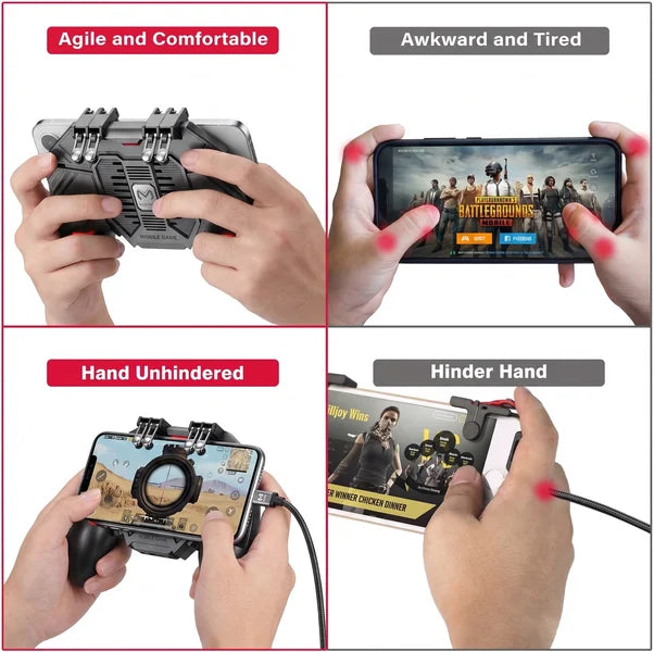 Comparison graphic showing the agile and comfortable grip of the six fingers rage claw handle versus an awkward hold alongside a demonstration of unhindered hand placement while playing with a charging cable connected