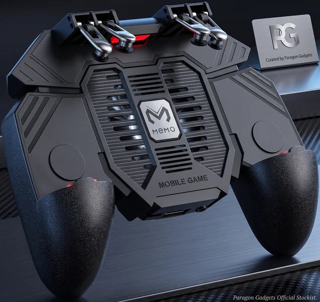 Close up angle of the six fingers rage claw mobile handle curated by Paragon Gadgets featuring a prominent central cooling fan and dual mechanical triggers on each side