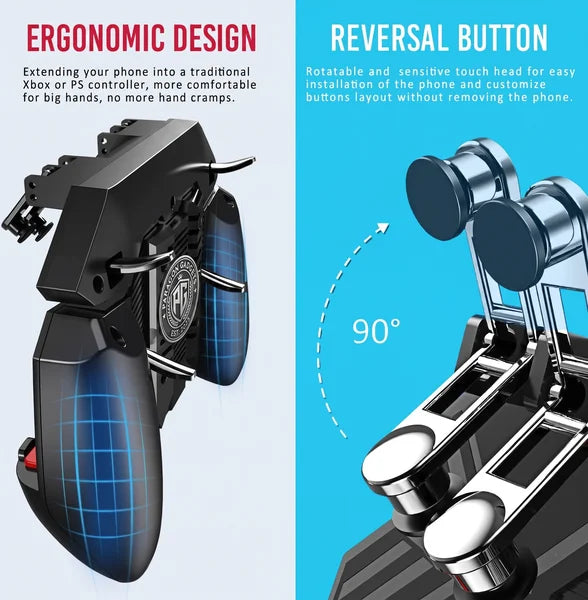 Graphic highlighting the ergonomic design of the six fingers rage claw handle and the ninety degree rotatable reversal button for easy phone installation and button customization