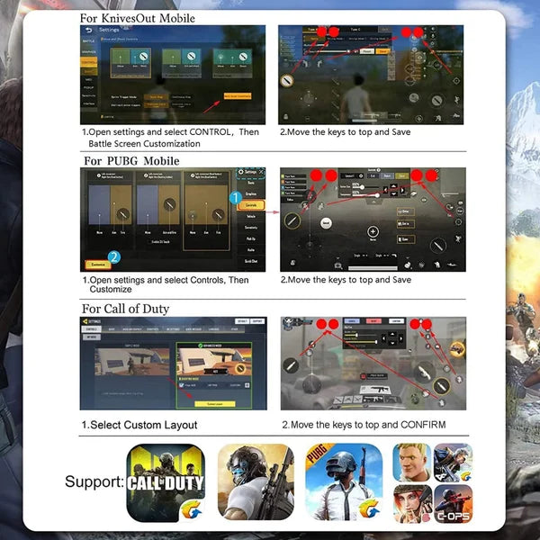 Step by step HUD installation guide for the six fingers rage claw mobile handle showing how to configure control settings for KnivesOut PUBG Mobile and Call of Duty