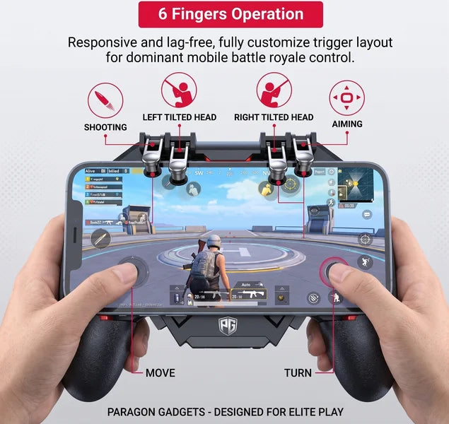 Diagram demonstrating six fingers operation on the rage claw mobile handle mapping out responsive triggers for shooting tilting aiming moving and turning for dominant battle royale control