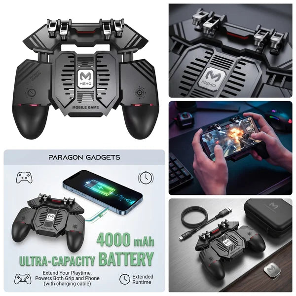 Collage of the six fingers rage claw mobile game controller displaying its front profile top triggers in hand use and the four thousand milliampere hour ultra capacity battery that powers both the grip and phone